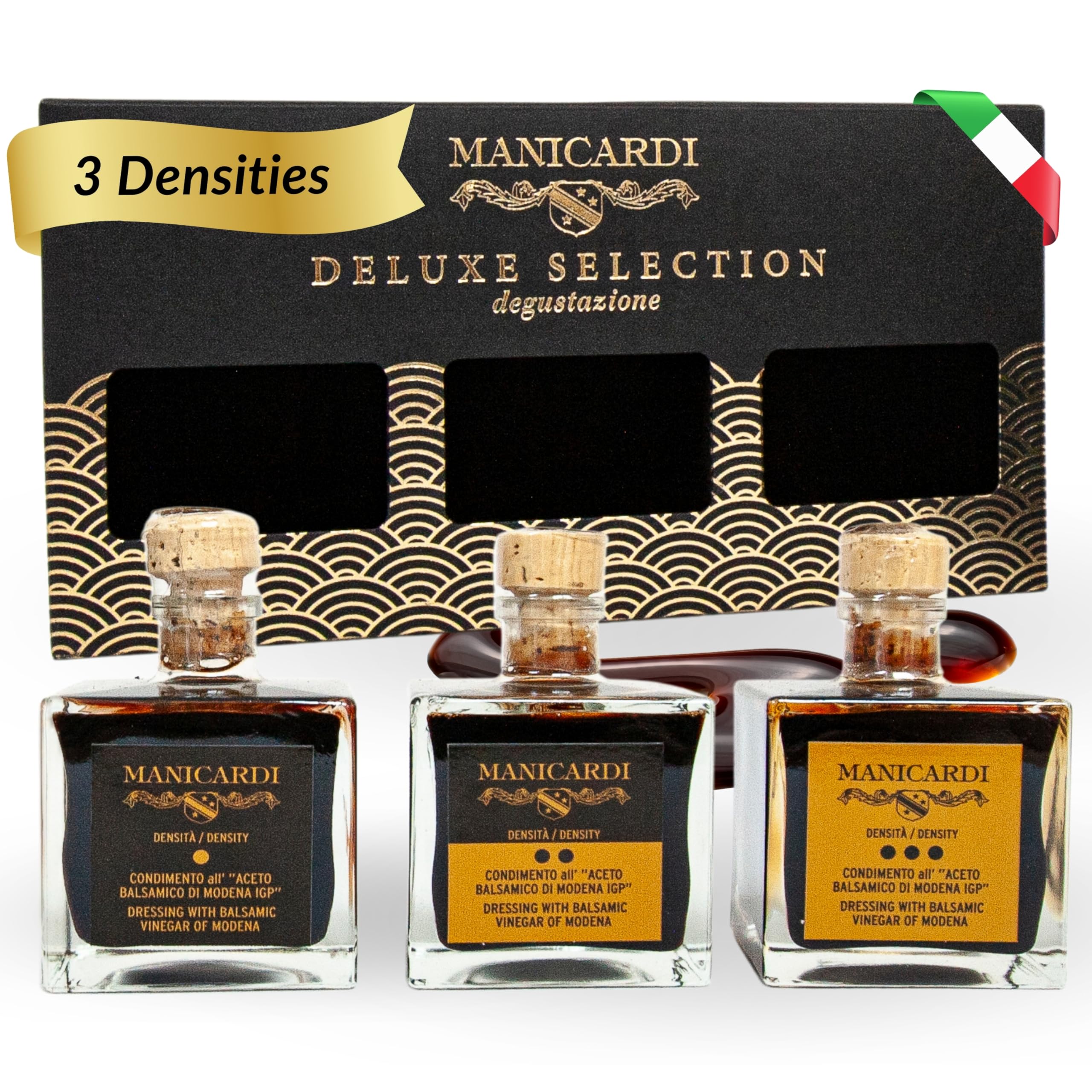 MANICARDI Set of 3 Condiments with Balsamic Vinegar of Modena PGI - Selected with Three Different Degrees of Density - Made in Italy, 100 ml Each