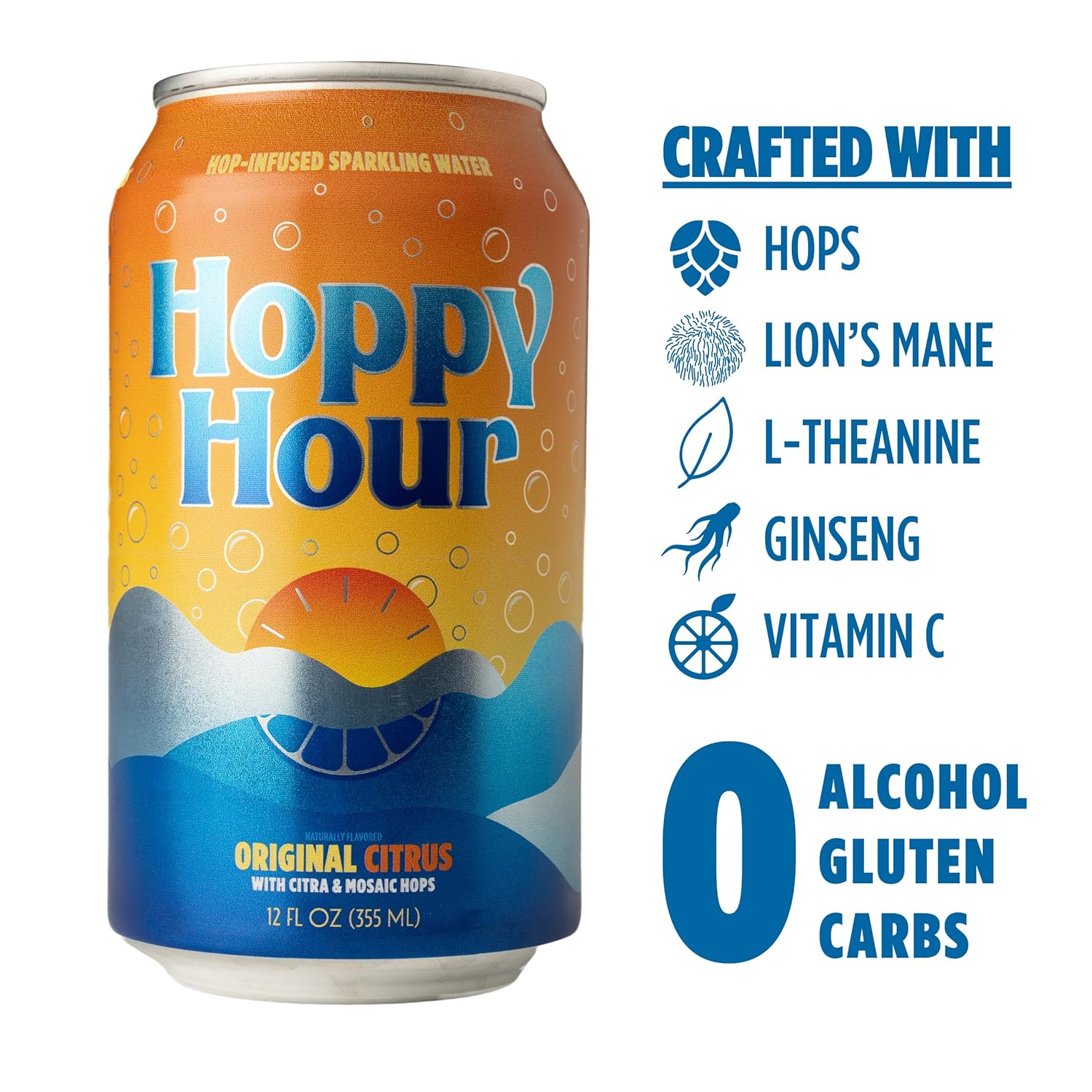 Hoppy Hour Sparkling Hop Water, Non-Alcoholic and Adaptogens Drink, Zero Sugar and Calories, Refreshing Original Citrus Flavor, 12 oz Cans (12-Pack)