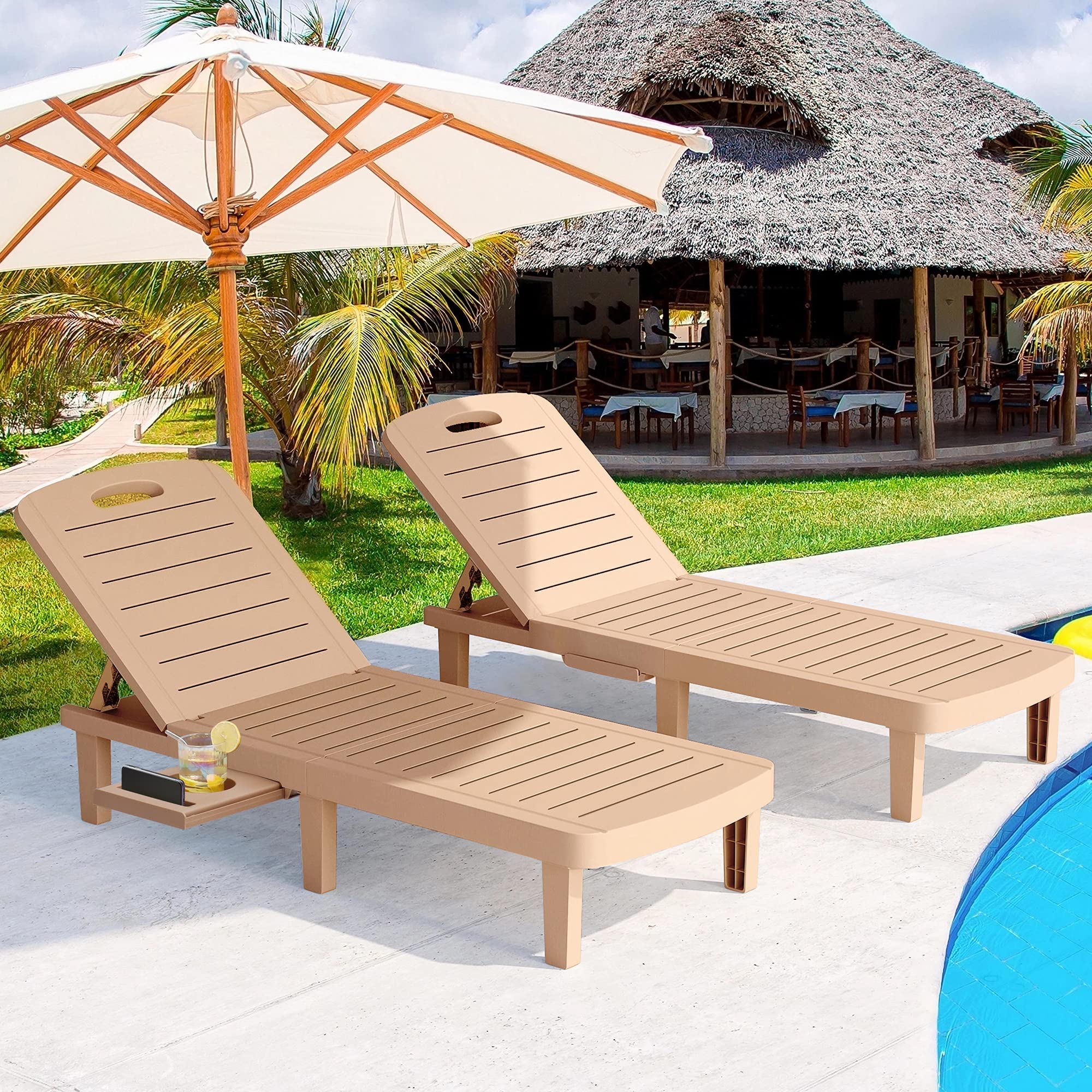 SELLERWE Outdoor Chaise Lounge Set of 2, Waterproof Resin Oversized Lounge Chairs for Outside w/Adjustable 5 Positions & Cup Holder Sun Lounge Chair