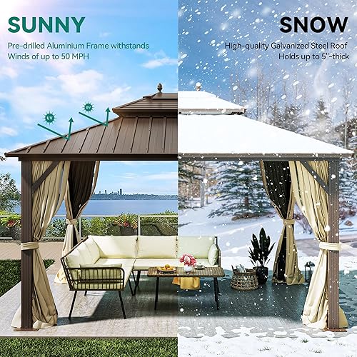 Miniatura 7 de YITAHOME Cenador de techo rígido de 10 x 12 pies con redes y cortinas resistente doble techo de acero galvanizado para exteriores combinado de techo