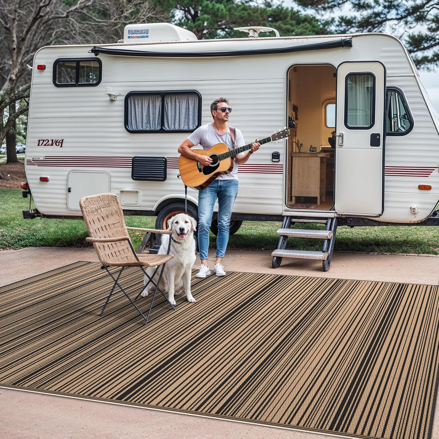 GENIMO Outdoor Rug 6x9 ft Waterproof, Reversible Plastic Straw Patio Rug for RV Camping Mat, Deck, Backyard Balcony Mat - Lightweight & Easy to Clean, BlackBrown