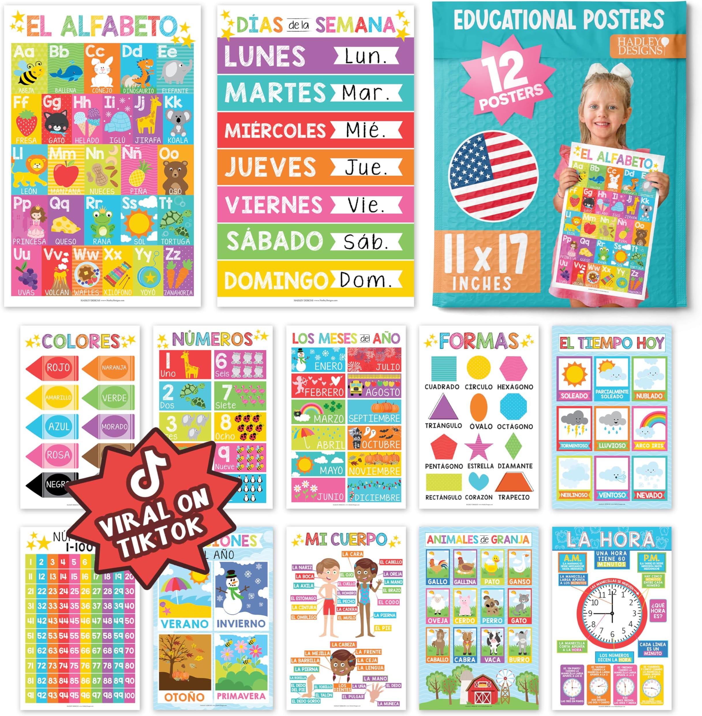 Hadley Designs Spanish Posters for Classroom - 12 Bilingual Educational Posters for Spanish Classroom Decorations Must Haves, Calendario y Alfabeto en Español Para la Pared, Colorful Teacher Supplies