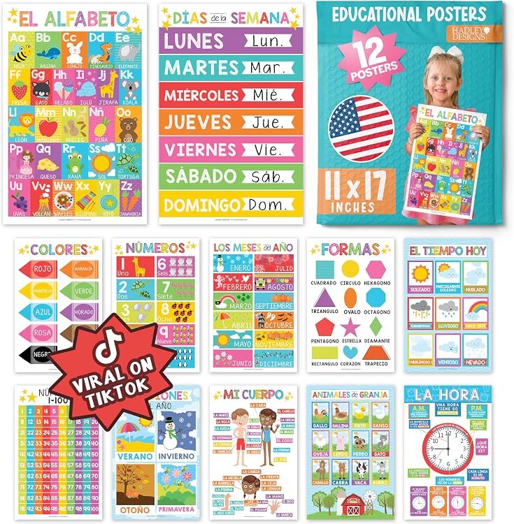12 Spanish Educational Posters Bilingual Learning Chart For Prek ...
