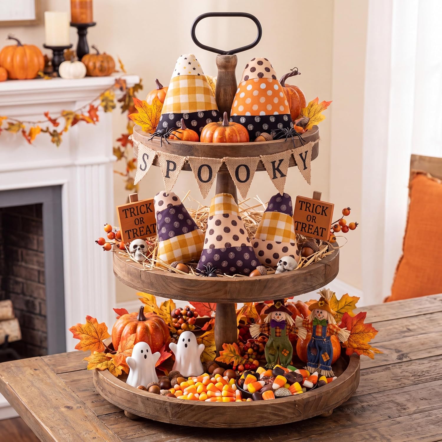 Novabright 5pcs Fall Decoration Halloween Candy Corn Stuffed Halloween Tiered Tray Decor Vase Bowl & Basket Fillers Rustic Farmhouse Tier Tray Decor for Home Wedding Farmhouse Basket