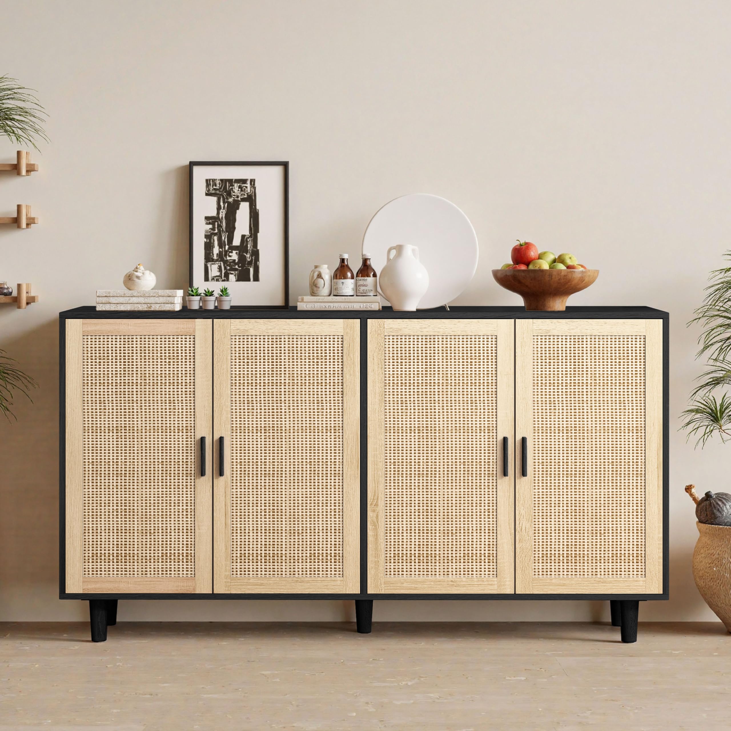158CM Elegant and Functional 4-Door Rattan Decorative Storage Cabinet,for Bedroom,Living Room,Office,Black;158CM Eleganter und funktioneller 4-türiger Rattan Schrank für Schlafzimmer, Wohnzimme