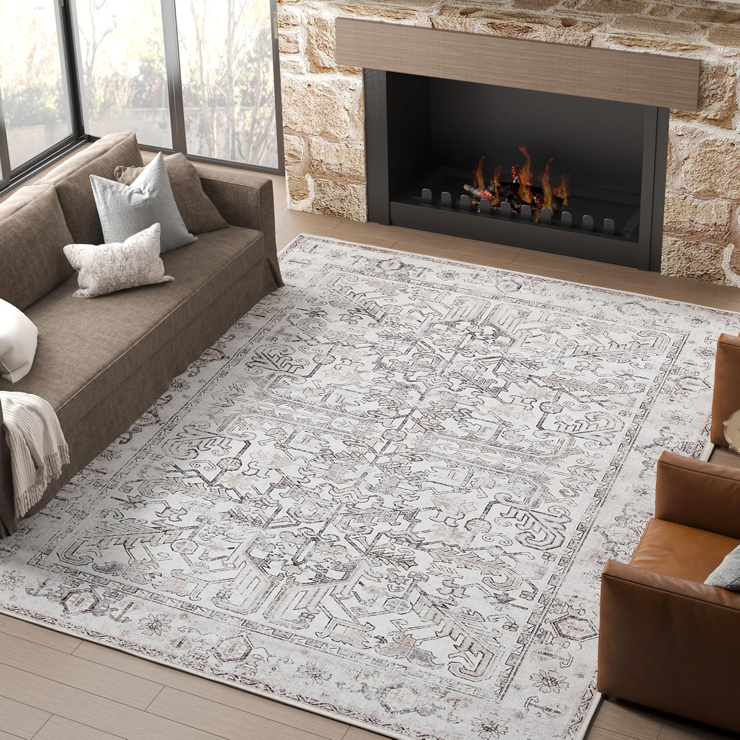 jinchan Washable Area Rug 6x9 Low Pile - Living Room Rug Stain Resistant Vintage Rug Boho Area Rug Large Rug Ultra-Thin Non Slip Carpet Floral Print Indoor Rug for Bedroom Kitchen Farmhouse
