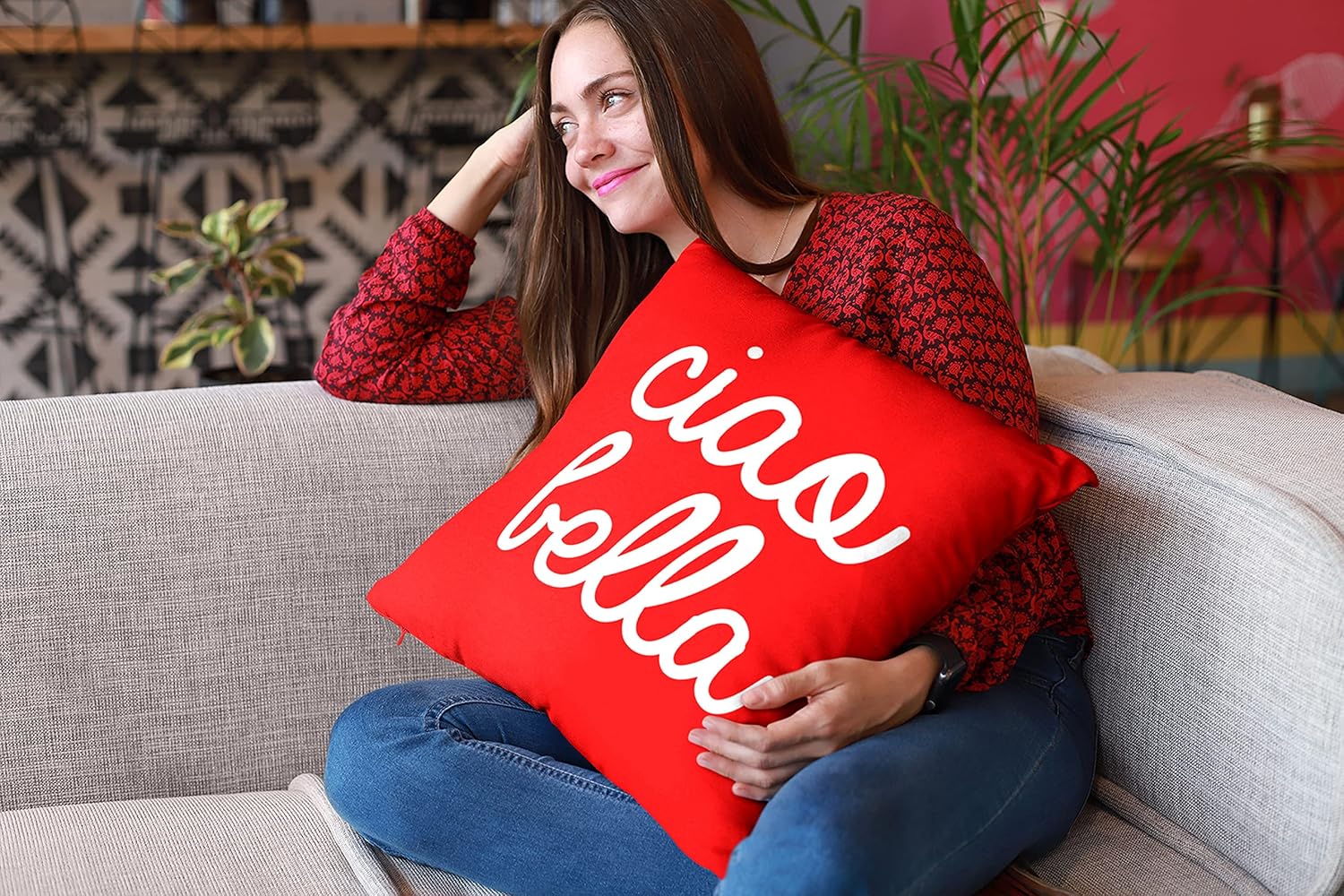 Italy Throw Pillow Cover with Insert - Ciao Bello Decorative Charming Italian - Themed Designs - Personalized Décor - Square Cushion is Ideal for Chair, Couch, Bed, Sofa, Living Room, Bedroom