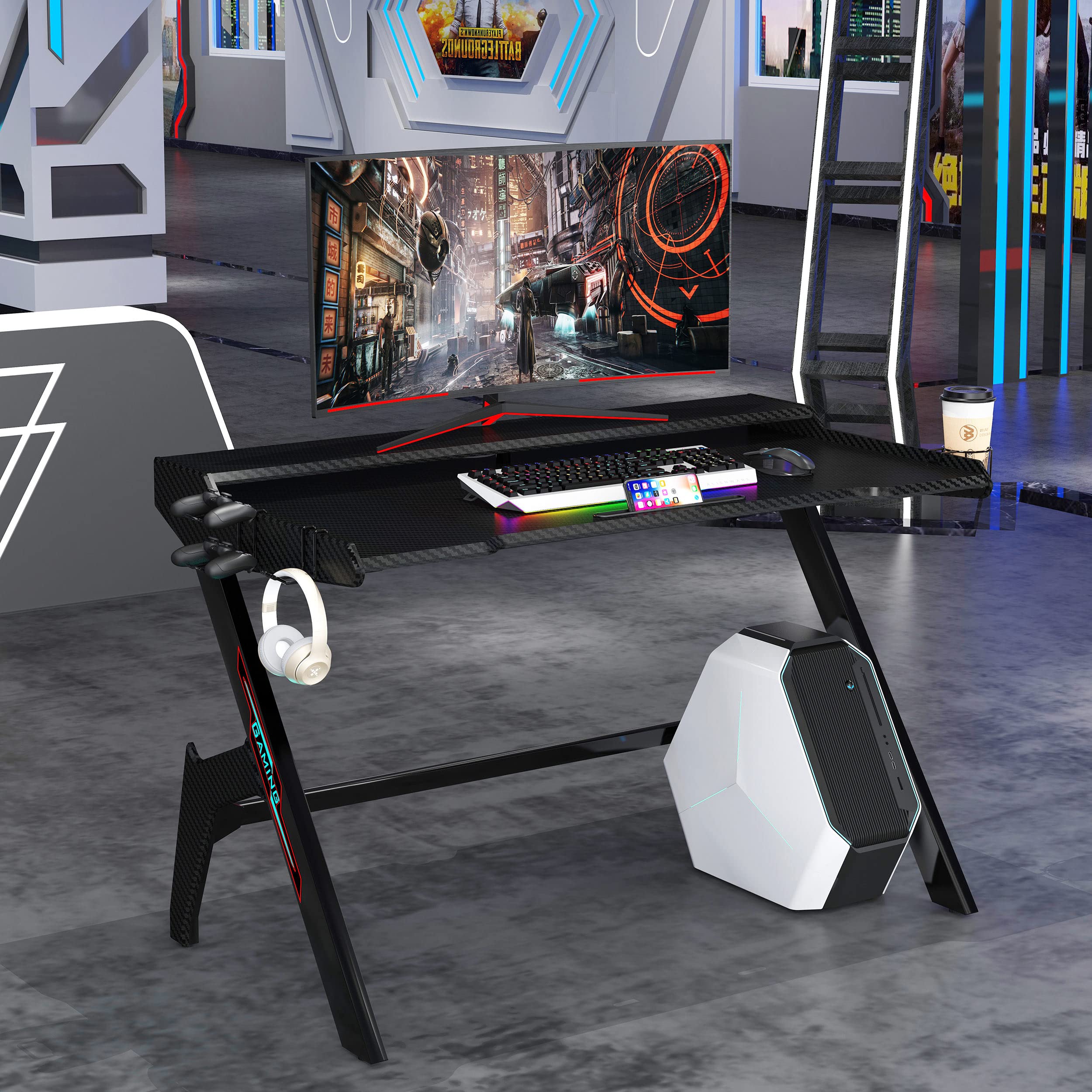 Buy Comforts Skyrim AccionX Gaming Table with LED with Elevated Monitor Rack and Carbon Finish
