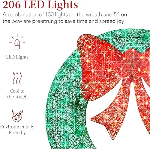 Miniatura 3 de Best Choice Products Corona de Navidad preiluminada de 60 pulgadas para exteriores, decoración navideña de metal LED para el hogar, jardín con 206