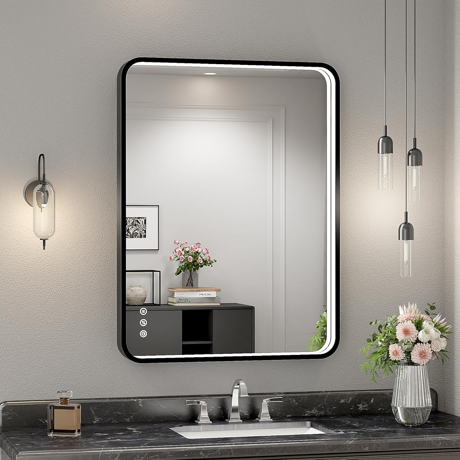 24x32 Inch LED Bathroom Mirror with Lights, Black Metal Framed LED Mirror for Bathroom, 3 Colors and Stepless Dimmable Wall Mounted Lighted Bathroom Vanity Mirror, Anti-Fog, Memory