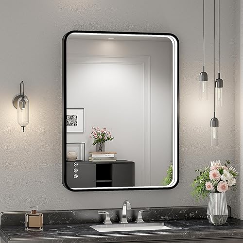 Espejo de baño LED de 24x32 pulgadas con luces, espejo LED con marco de metal negro para baño, 3 colores y luz regulable sin escalones montada en la