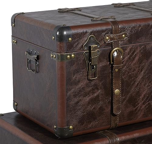 Miniatura 8 de Deco 79 Tronco tapizado de cuero con detalles y tachuelas vintage, juego de 3 de 19 pulgadas, 24 pulgadas, 27 pulgadas de ancho, marrón