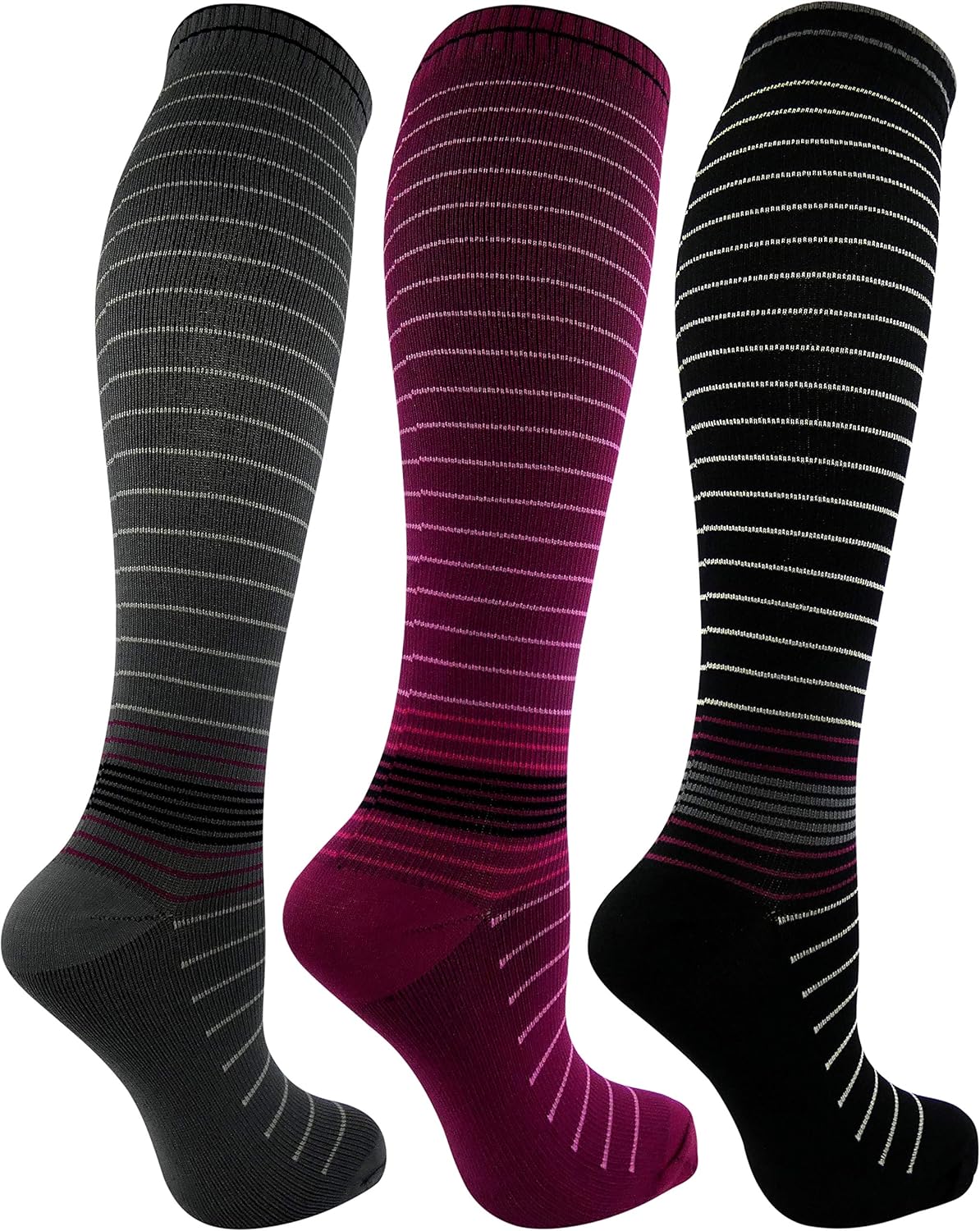 Black Friday - 40% OFF 3 Pair Large/X-Large Premium Quality Colorful Moderate Graduated Compression Socks 15-20 mmHg. Nurses, Running, Travel, Knee-High, Mens and Womens Style & Grey, Black, Purple Striped Designs Get Discount Offer 3 Pair Large/X-Large Premium Quality Colorful Moderate Graduated Compression Socks 15-20 mmHg. Nurses, Running, Travel, Knee-High, Mens and Womens Style & Grey, Black, Purple Striped Designs