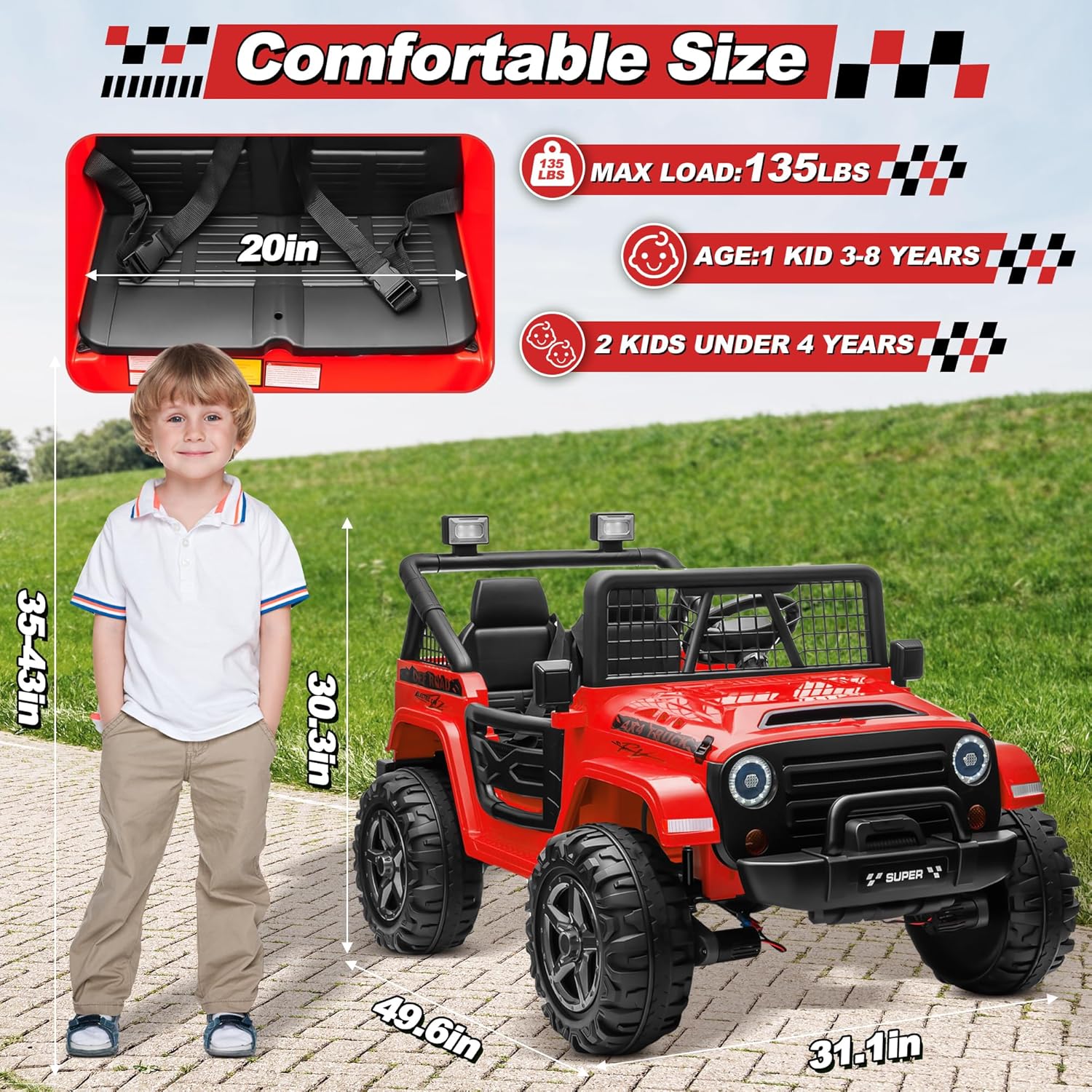 Diagram showing the dimensions of the ride-on jeep and a child for scale, indicating comfortable size.