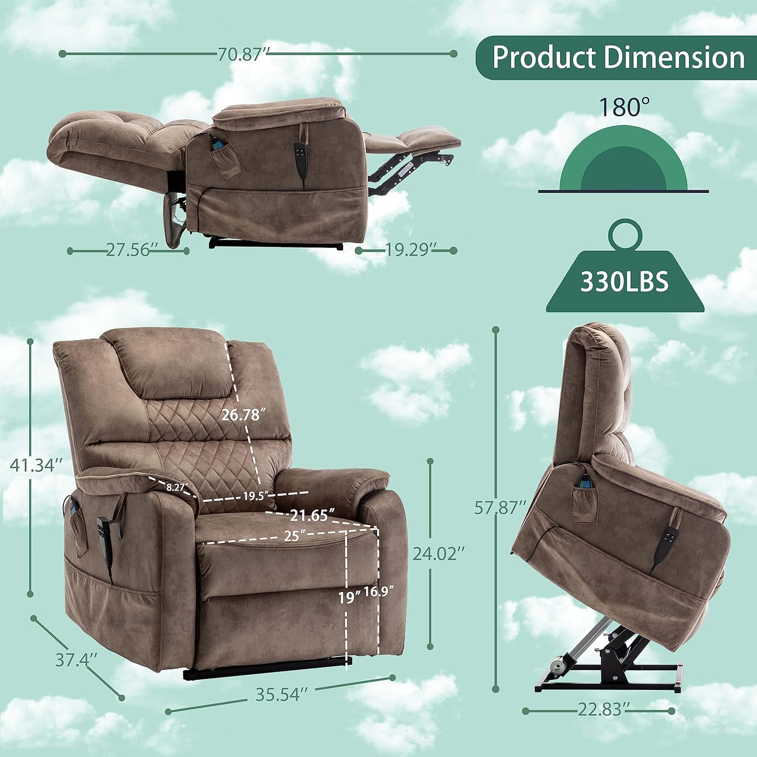 Power Lift Chair for Elderly: 9968Plus High Density Foam Lay Flat with Heat and Massage, Reclining to 180, 2 Widened Armrests, 2 Remote Controls, Dual OKIN Motors - Fabric Brown