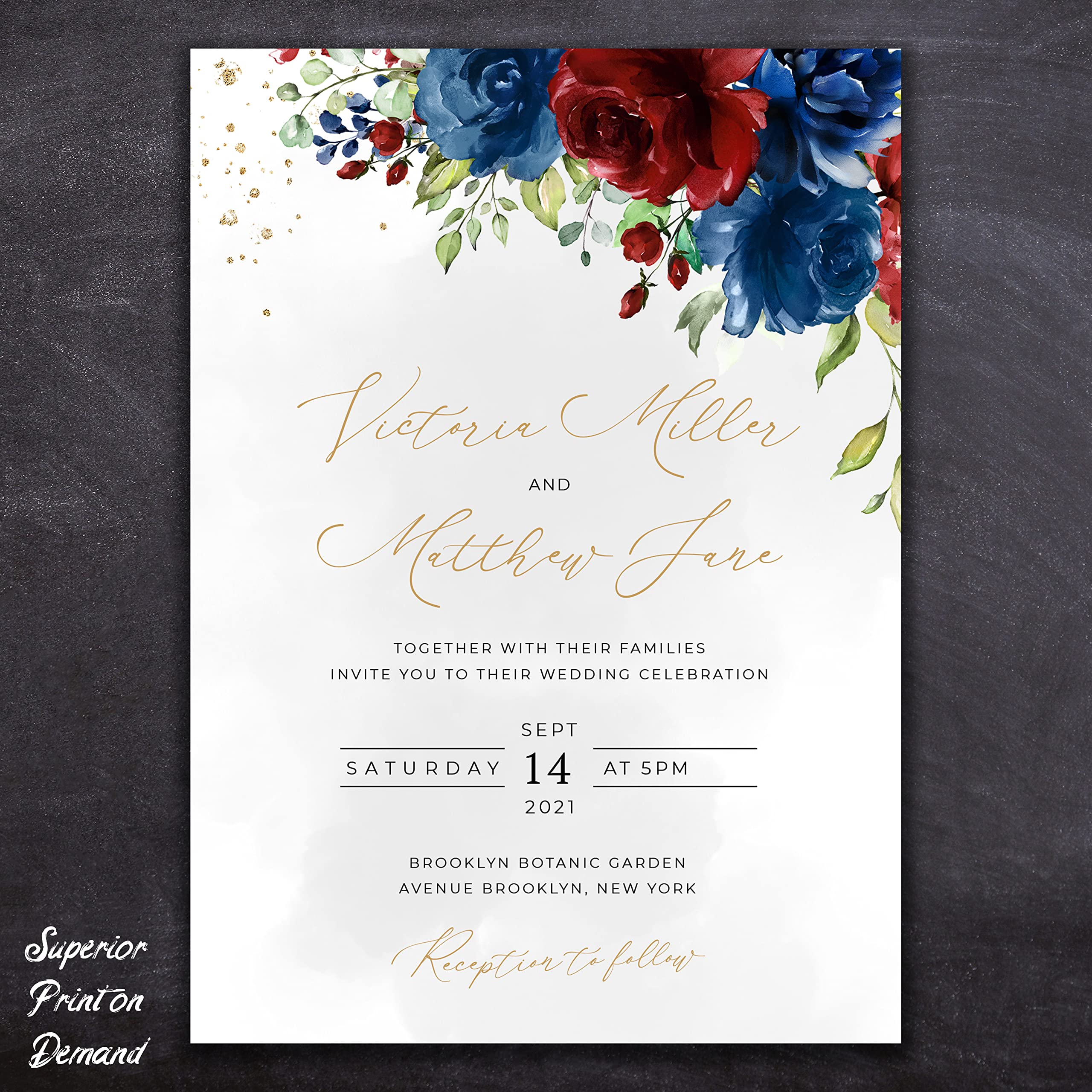 Customized Wedding Invitation Cards - 24 Wedding Invitations with Envelopes and 24 Rsvp Cards – Cabernet & Blue Flower Wedding Invitations Personalized with Gold Text