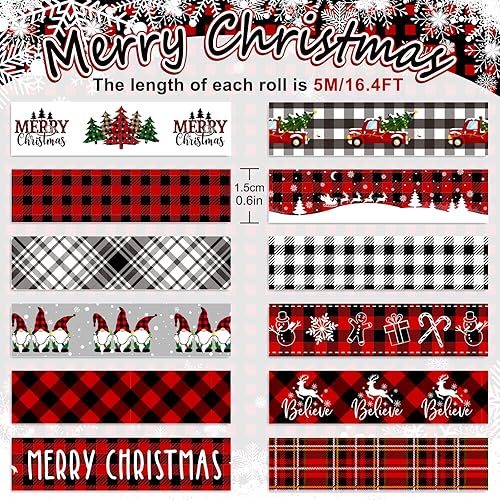 Miniatura 2 de AnyDesign 12 rollos de cinta Washi a cuadros de Navidad, color rojo, negro y blanco, cinta adhesiva Washi para árbol de Navidad, gnomo, muñeco de