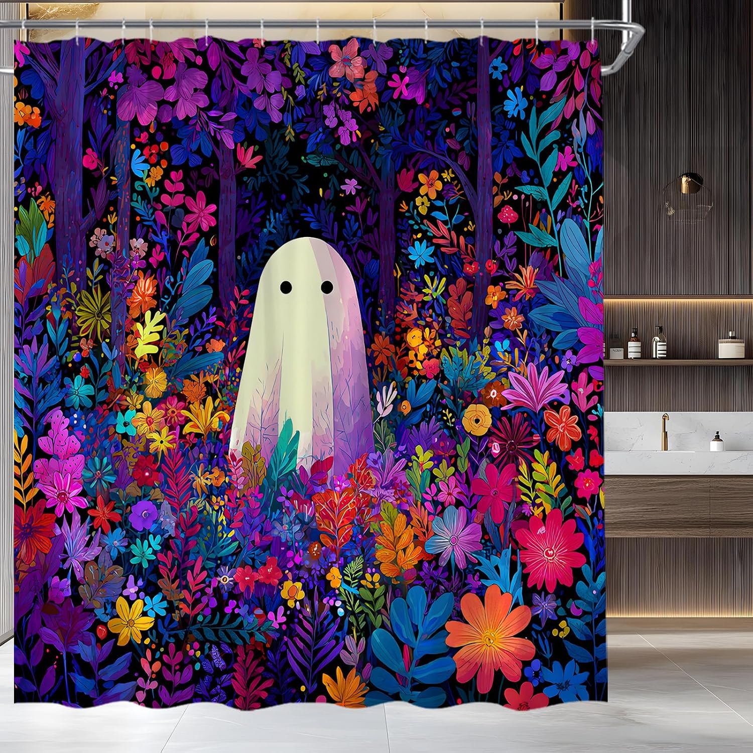 Ghost Shower Curtain Halloween Spooky Colorful Floral Purple Flower Forest Boho Gothic Bathroom Curtain Fabric with Hooks image 2
