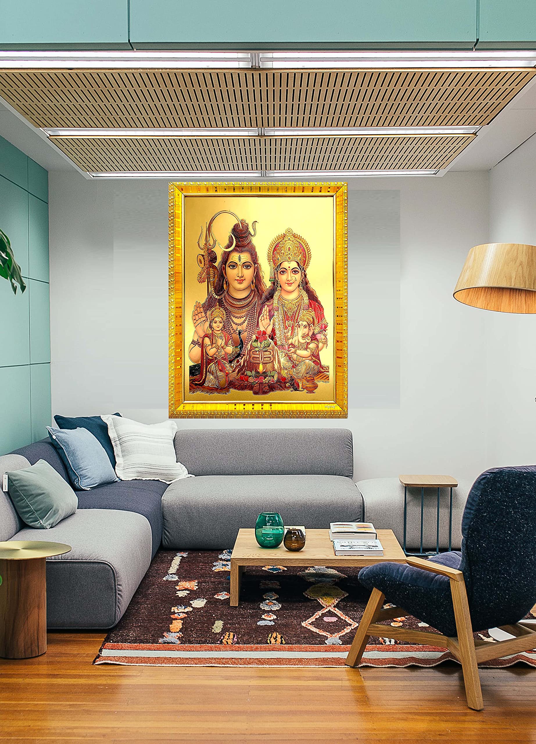 zig zag Bogini Bóg Shankar Family Shiva Parvati duża ramka na zdjęcia na ścianę / stół / Pooja rozmiar pokoju duża ramka na zdjęcia (40 x 61 cm, szkło akrylowe), złota