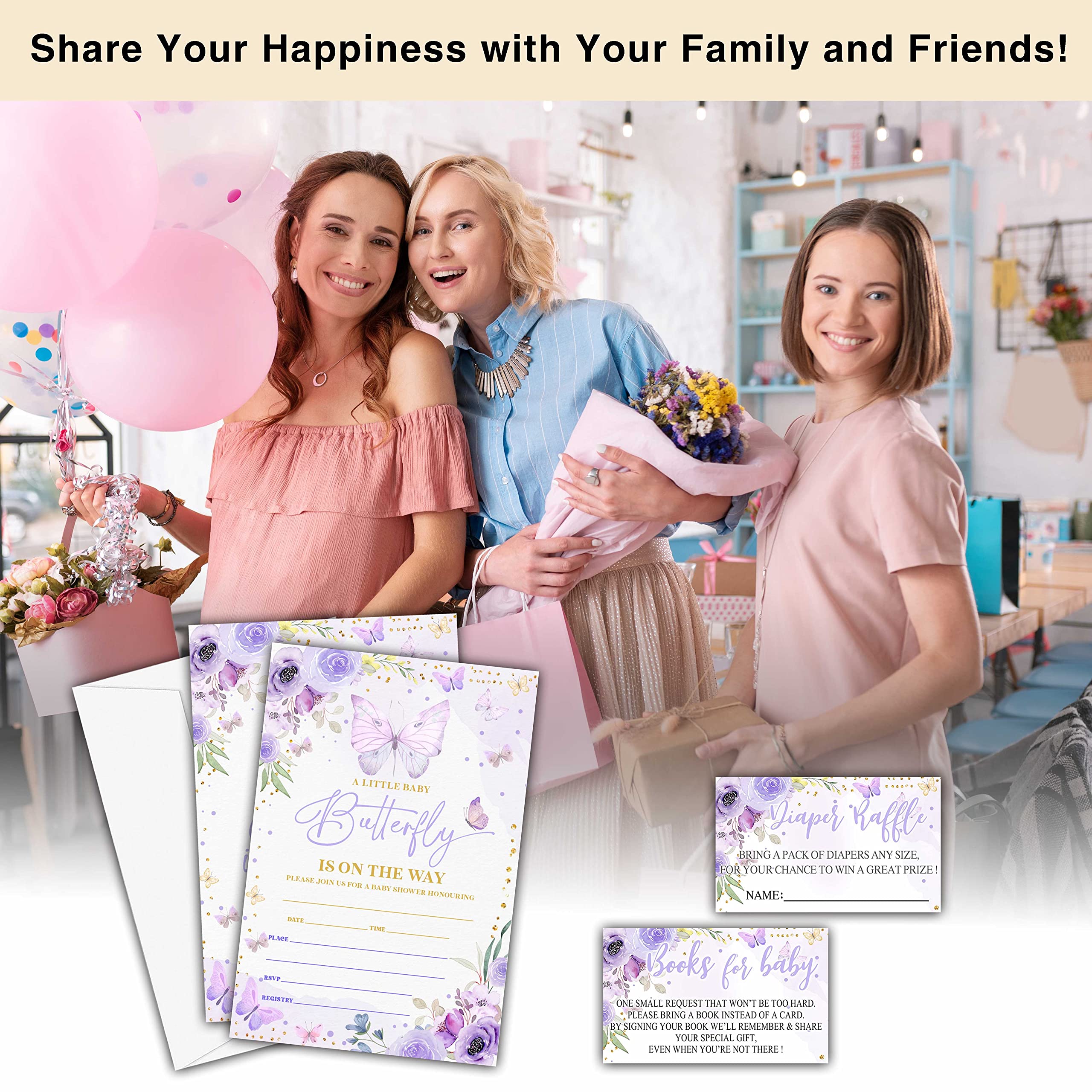 Zestaw 25 zaproszeń na baby shower, fioletowy motyl zaproszenia na przyjęcie z kopertami, kartki z prośbą o książkę, bilety na pieluchy na dekoracje imprezowe - A02