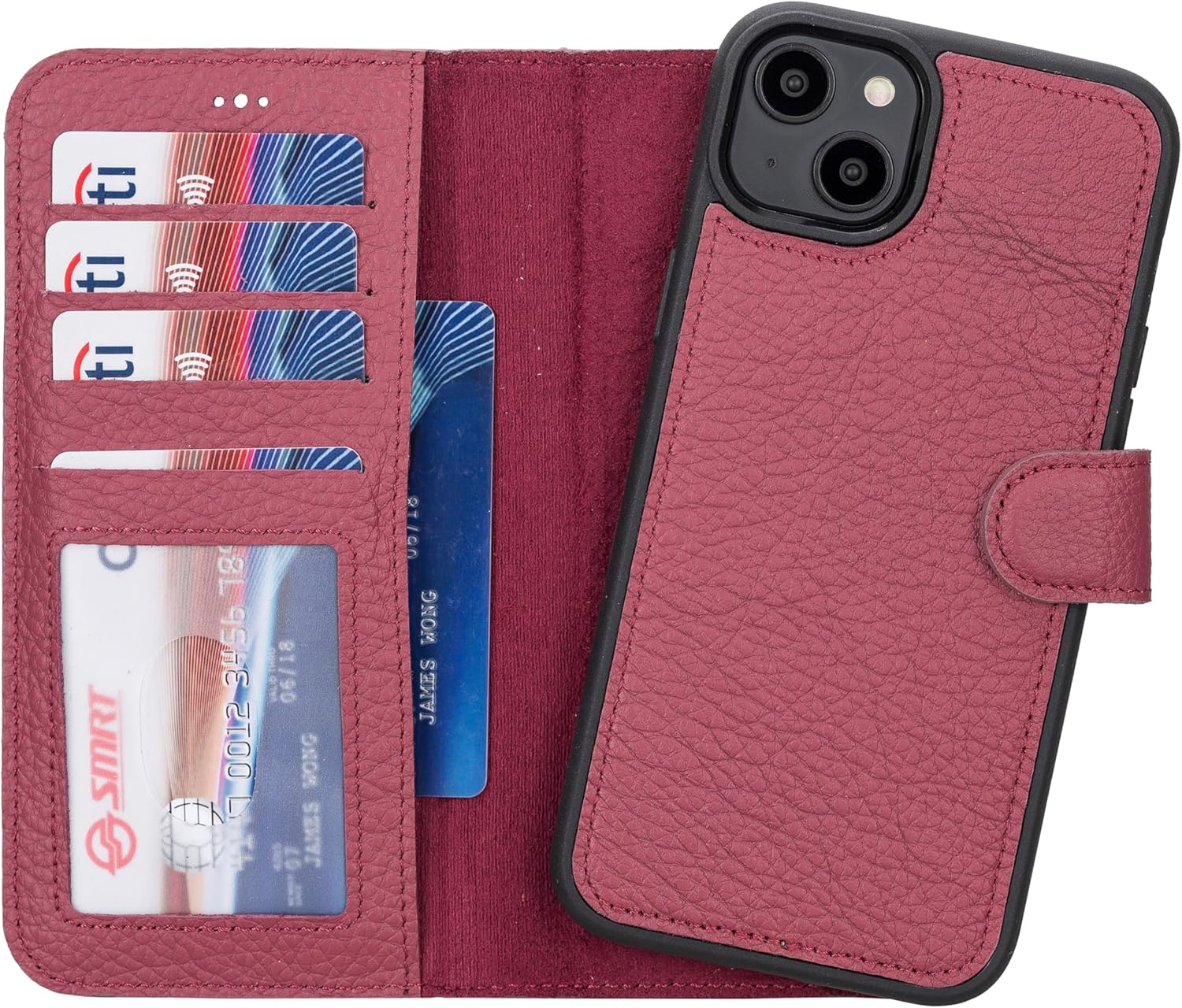 HARDISTON Genuine Leather Custom Wallet Case Compatible with iPhone 14 Plus - MagSafe Compatible - Detachable Magnetic Flip Cover with Card Holders - Horizontal Kickstand (Burgundy)