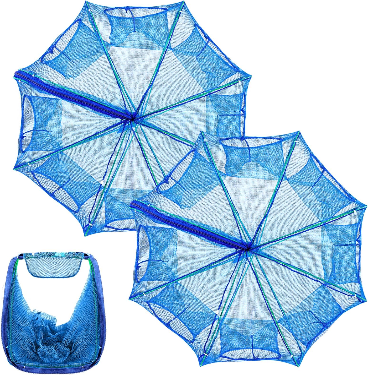 Windyun2 Pcs Folded Fishing Net 8 Hole 32 x 10'' Fishing Trap Bait Collapsible Octagonal Crab Trap Portable Minnow Trap Easy Use Crab Net Foldable Net Cast Cage for Lobster Crawfish Shrimp, Blue