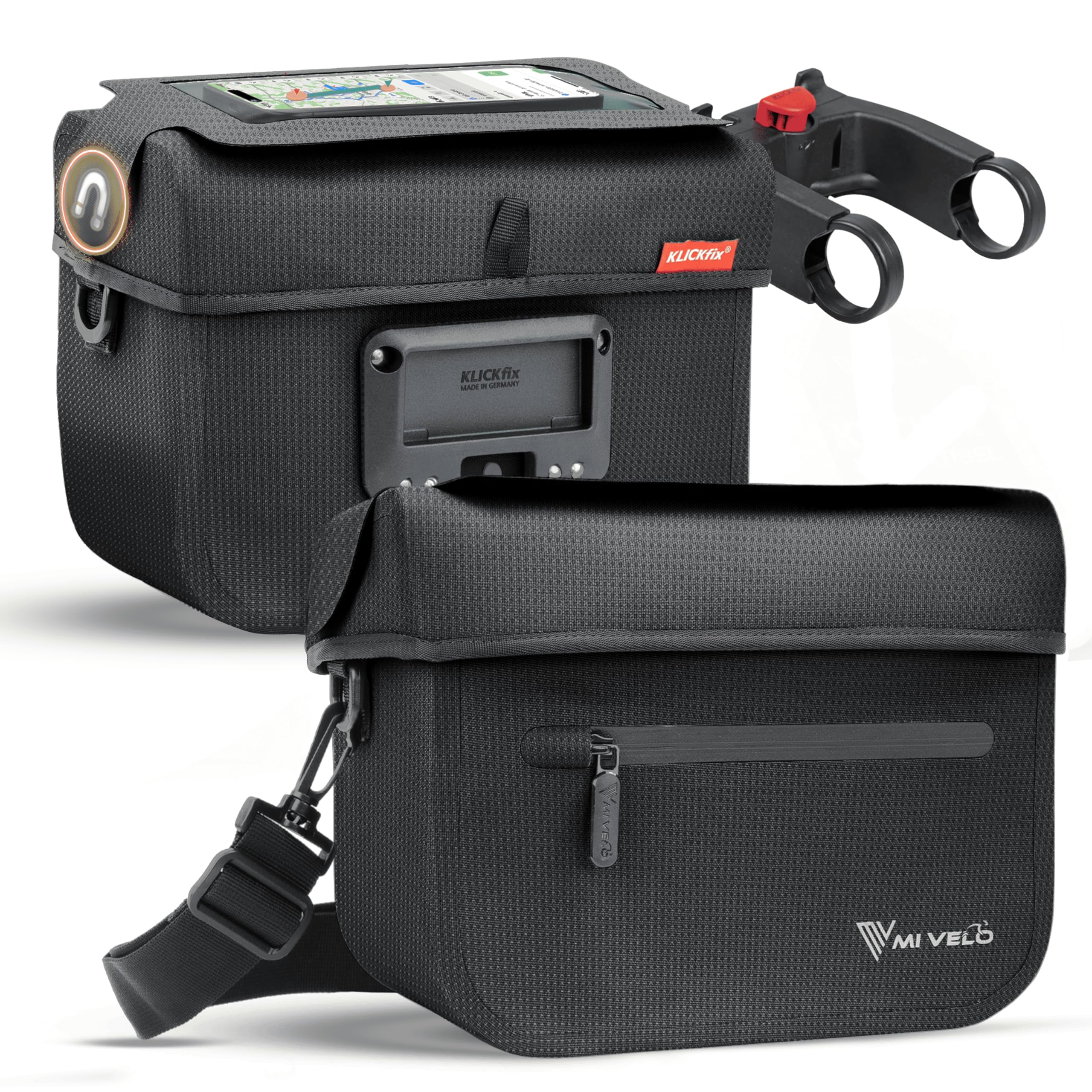 MIVELO Lenkertasche Fahrrad passend für KLICKfix - 100% wasserdicht - Fahrradtasche Lenker - abnehmbares Handyfach - Lenkertasche - Tasche Lenker - E-Bike tauglich (Schwarz-Reflektierend mit Adapter)