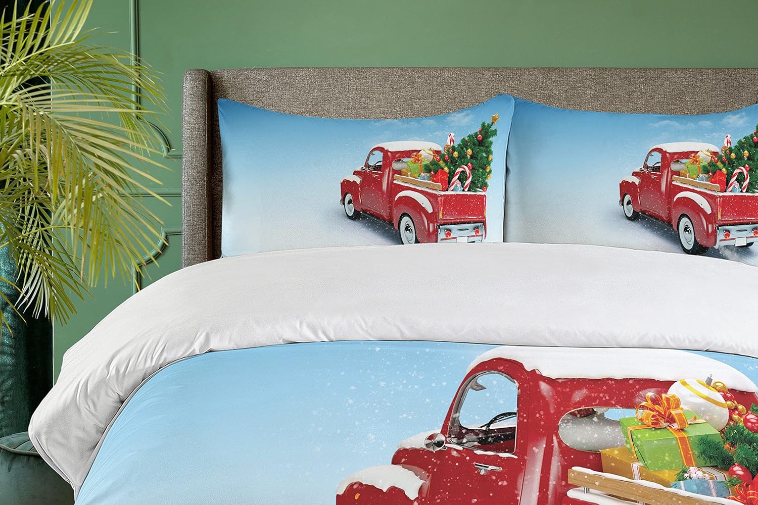 Ambesonne Christmas Duvet Cover Set, Classical Pickup Truck Tree Gifts and Ornaments Snowy Winter Day Image Print, Decorative 3 Piece Bedding Set with 2 Pillow Shams, Queen Size, Red Green