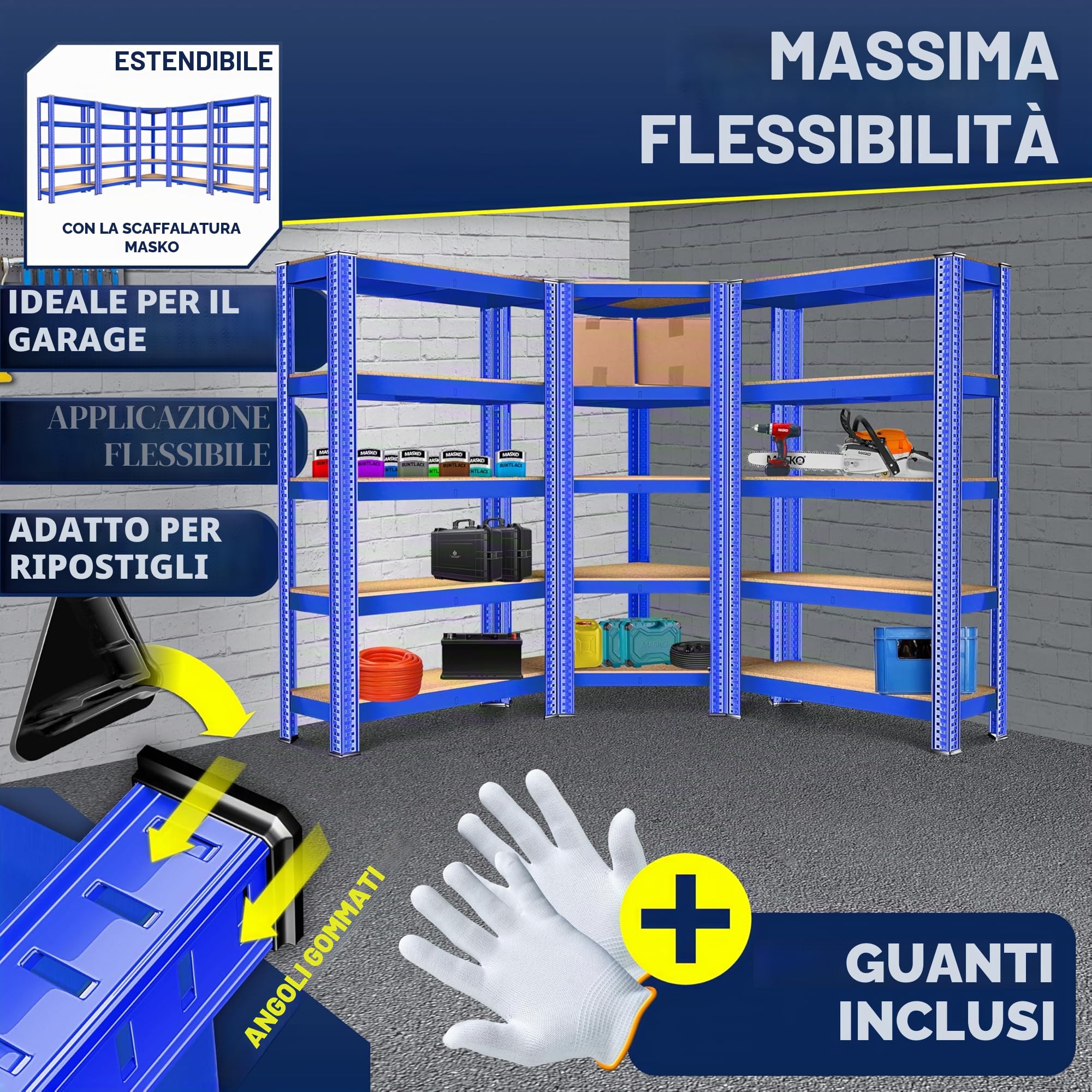 MASKO® Set di 3 sistemi di scaffalature, 1x scaffale angolare e 2X scaffali di stoccaggio - 15 ripiani | Scaffali in MDF 2625 kg Scaffali per officina Scaffali per cantine, Blu