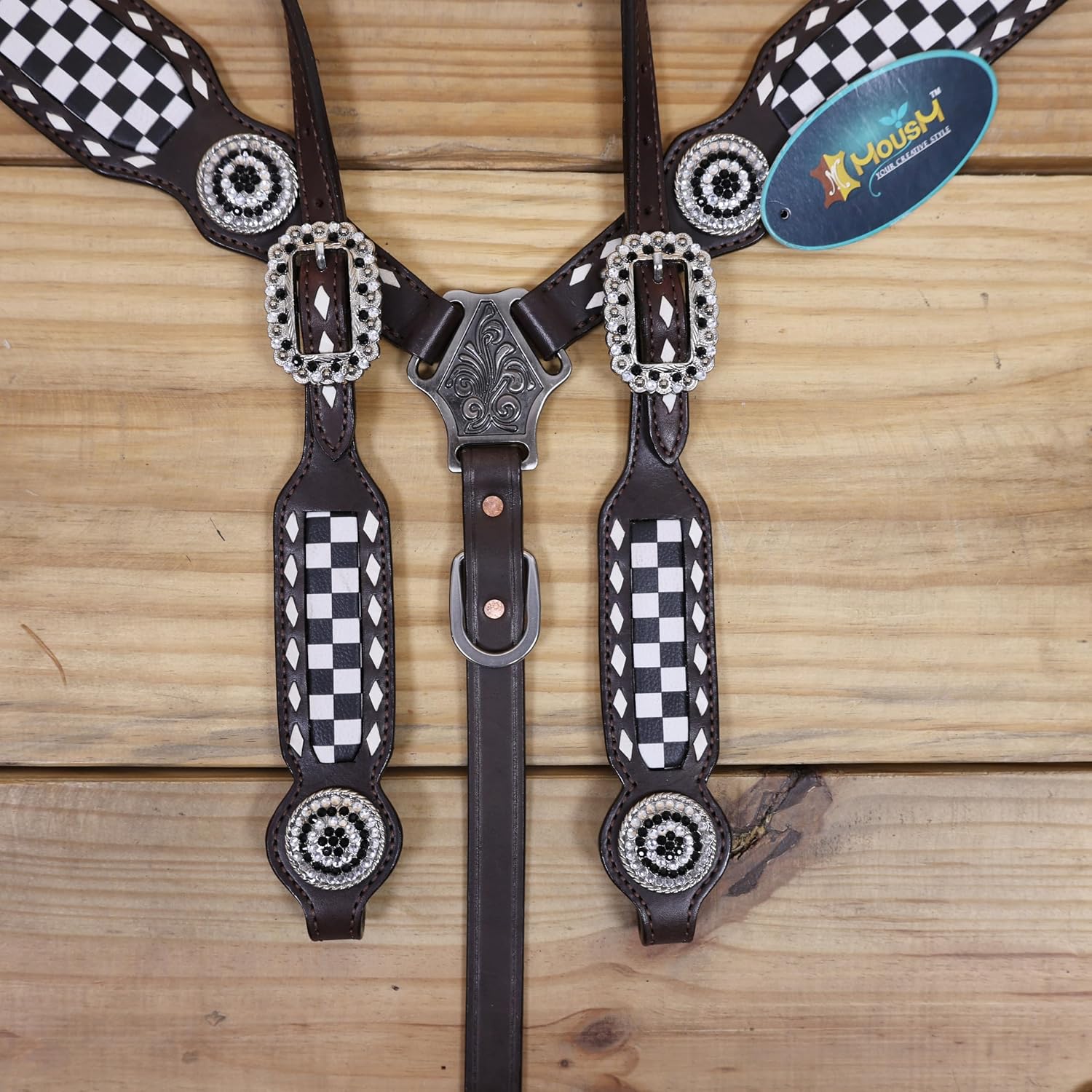 Finish Line Western Headstall and Breast Collar Set – Rawhide Braided Tack with Black-White Rhinestone Alligator Print – Argentina Cow Leather Race Day Gift for Her