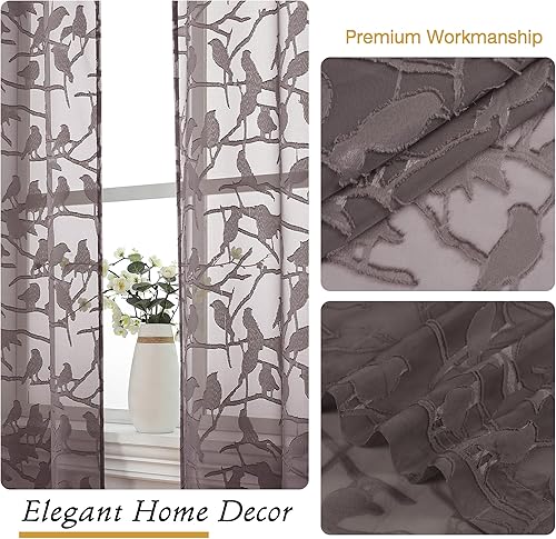 Vista 161 de OVZME - Anji Cortinas semitraslúcidas de gasa, ligeras, vaporosas, privacidad, textura, bolsillo barra doble, pájaros recortados, dormitorio, sala