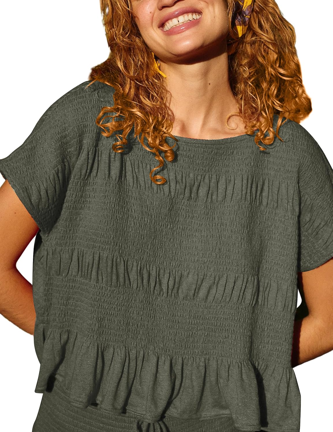 Womens Summer 2 Piece Outfits Smocked Tops Elastic Waist Wide Leg Pants with Pockets Casual Boho Lounge Matching Set - Image 2