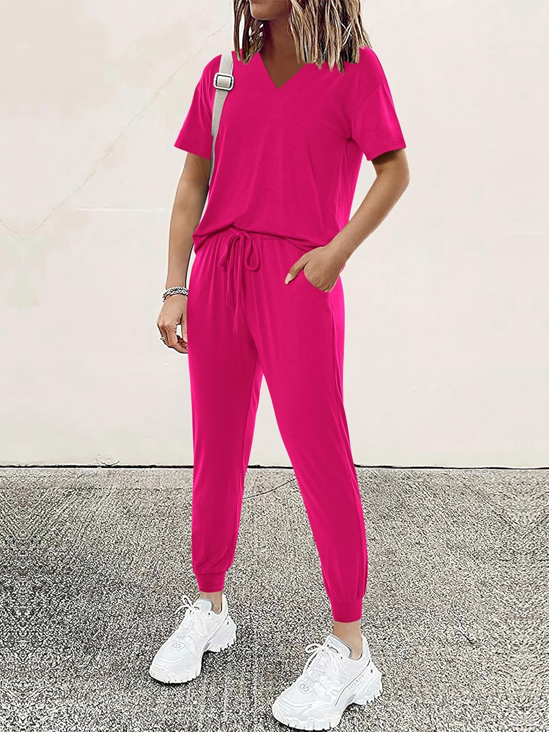 MASCOMODA Womens 2 Piece Outfits Summer Casual V Neck Short Sleeve Tops Long Pants Tracksuit Lounge Jogger Set with Pockets - Image 3