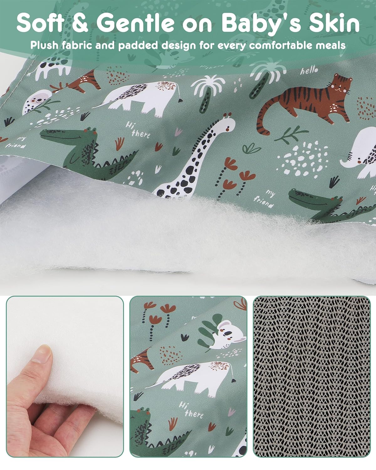 Baby High Chair Cover Restaurant with Strap Pads & 3-Point Harness, Machine Washable, Waterproof Portable Highchair Covers for Eating, Travel, Home Use - Fits Wooden Chairs, Green Dinosaurs