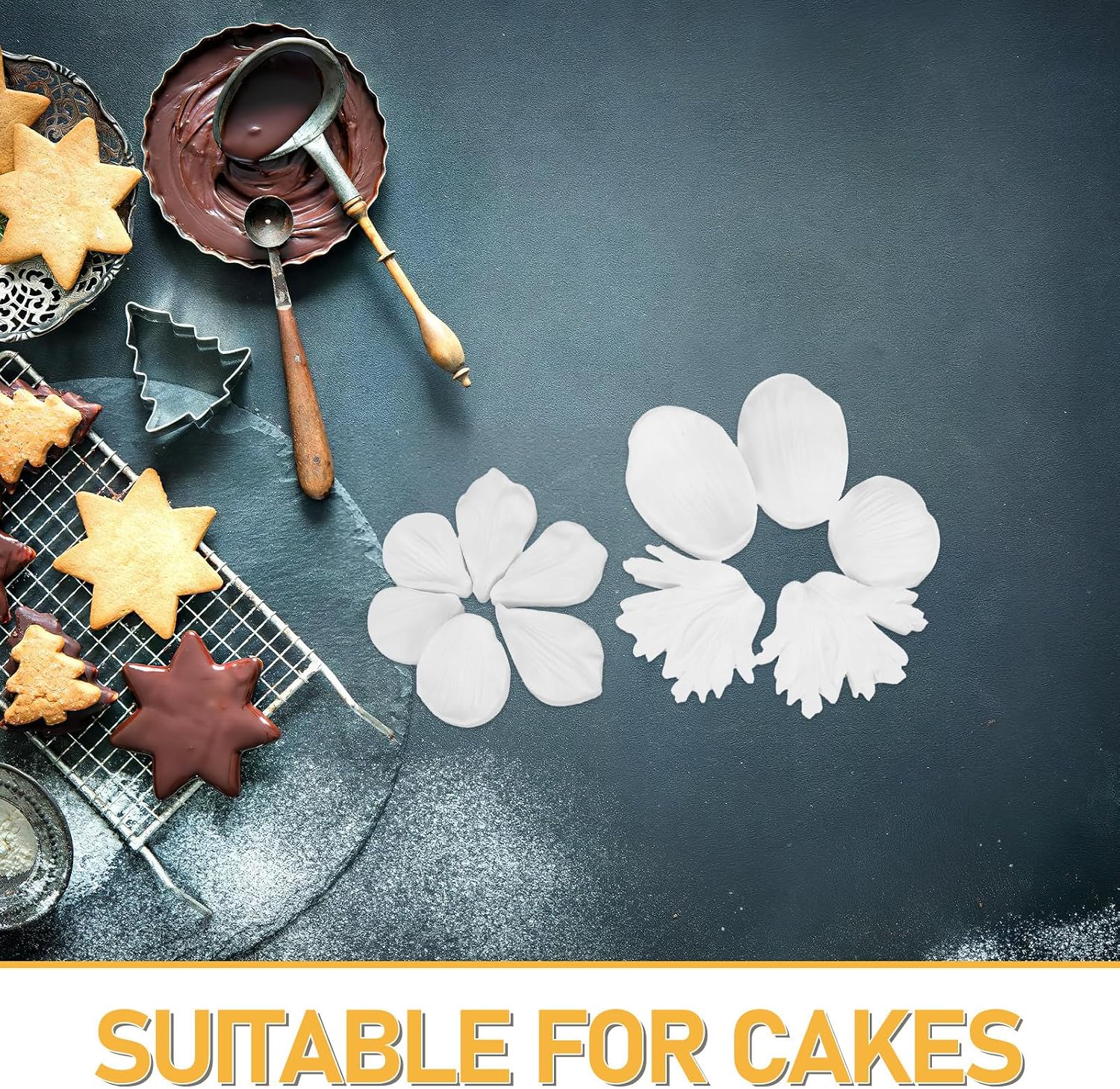 Mobestech 2 Sets Silver Anemone Petal and Leaf Cookie Cutter Silicone Molds for DIY Cake Decorating, Sugarcraft Fondant Flower Veiner Baking Tool for Wedding and Birthday Cakes
