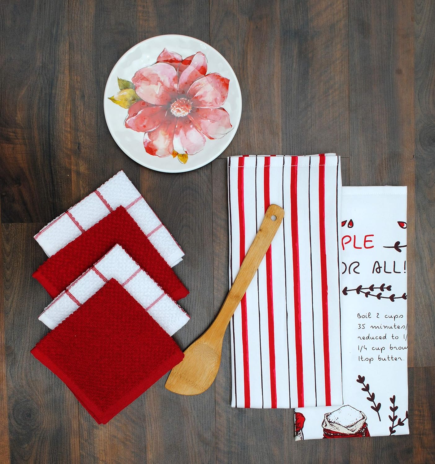 AMOUR INFINI Cotton Kitchen Towels and Dishcloths 6 Piece - 4 Terry Dishcloths (12” x 12”) and 2 Cotton Kitchen Towels (28” x 18”) for Gifting and Decor (Apple Pie)