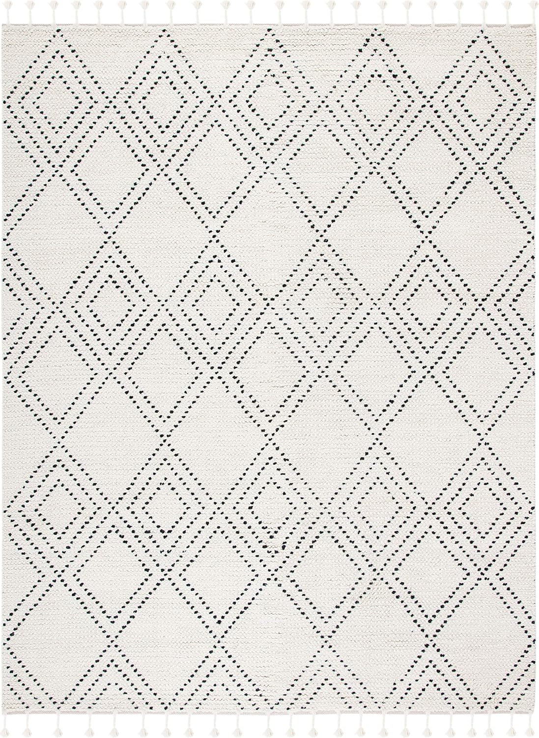 SAFAVIEH Area Rug 8x10 - Casablanca Collection - Large - Ivory & Black, Handmade Wool, Moroccan Boho Braided Tassel, Ideal for Living Room, Bedroom, Dining Space (CSB676Z)
