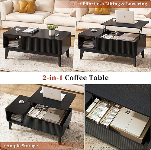 Miniatura 6 de LYNCOHOME Mesa de centro acanalada con compartimento oculto, mesas de centro elevables de madera, mesa central moderna para sala de estar, oficina