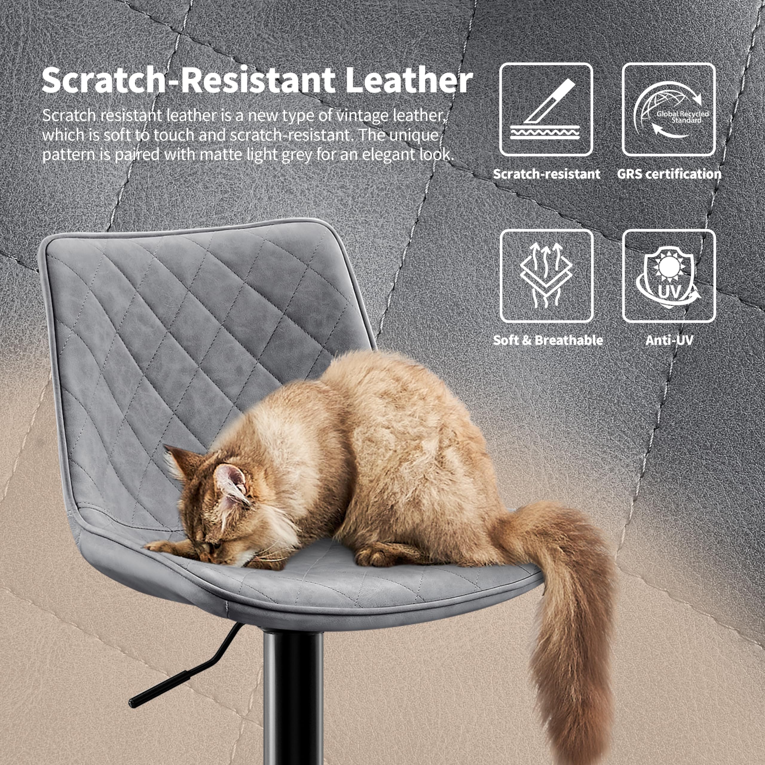 STOOLINK Lot de 2 Chaise Bar, Tabourets de Bar en Cuir Microfibre, Siège Bar avec Repose-Pieds, Tabouret Bar Réglable en Hauteur, Tabouret Comptoir Convient pour Bar, Cuisine-Gris