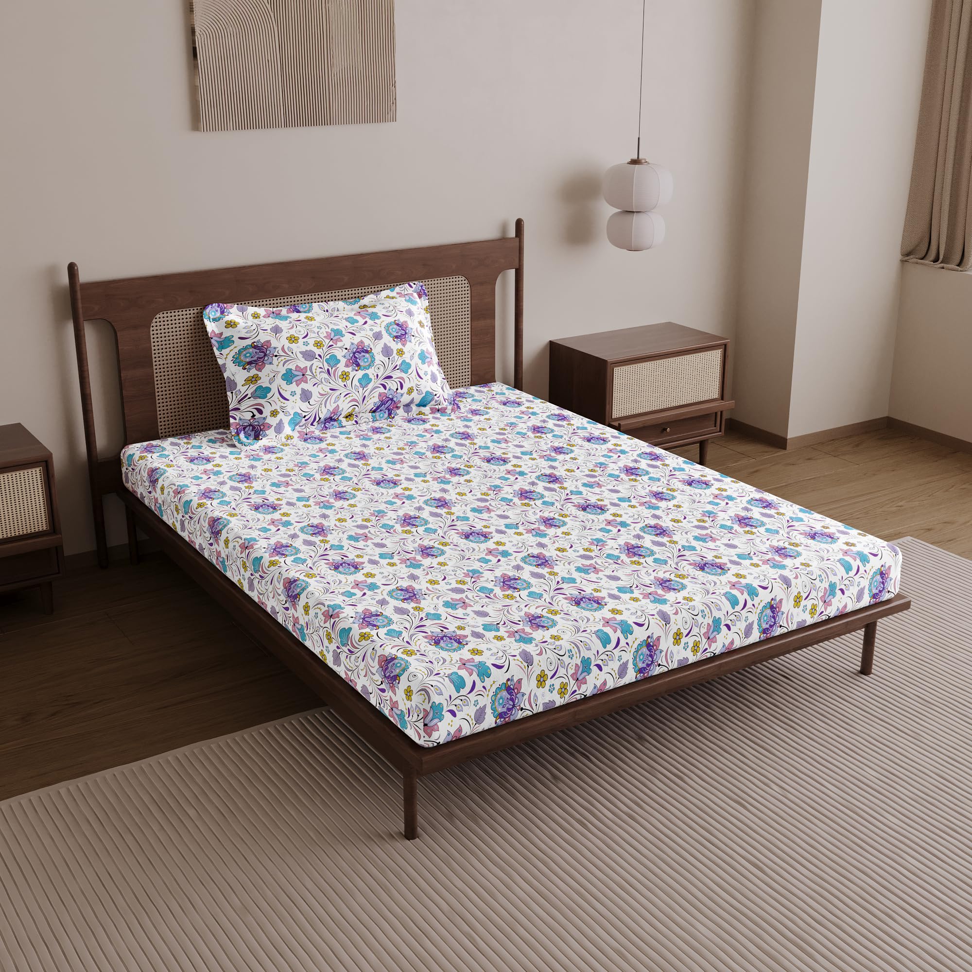 Divine Casa 144 TC 100% Cotton Single Bedsheet for Single Bed with 1 Pillow Cover | Soft Breathable Comfortable Cotton Bedsheet Set for Bedroom & Guest Room | 145 x 223 cm (Purple Blue, Floral)