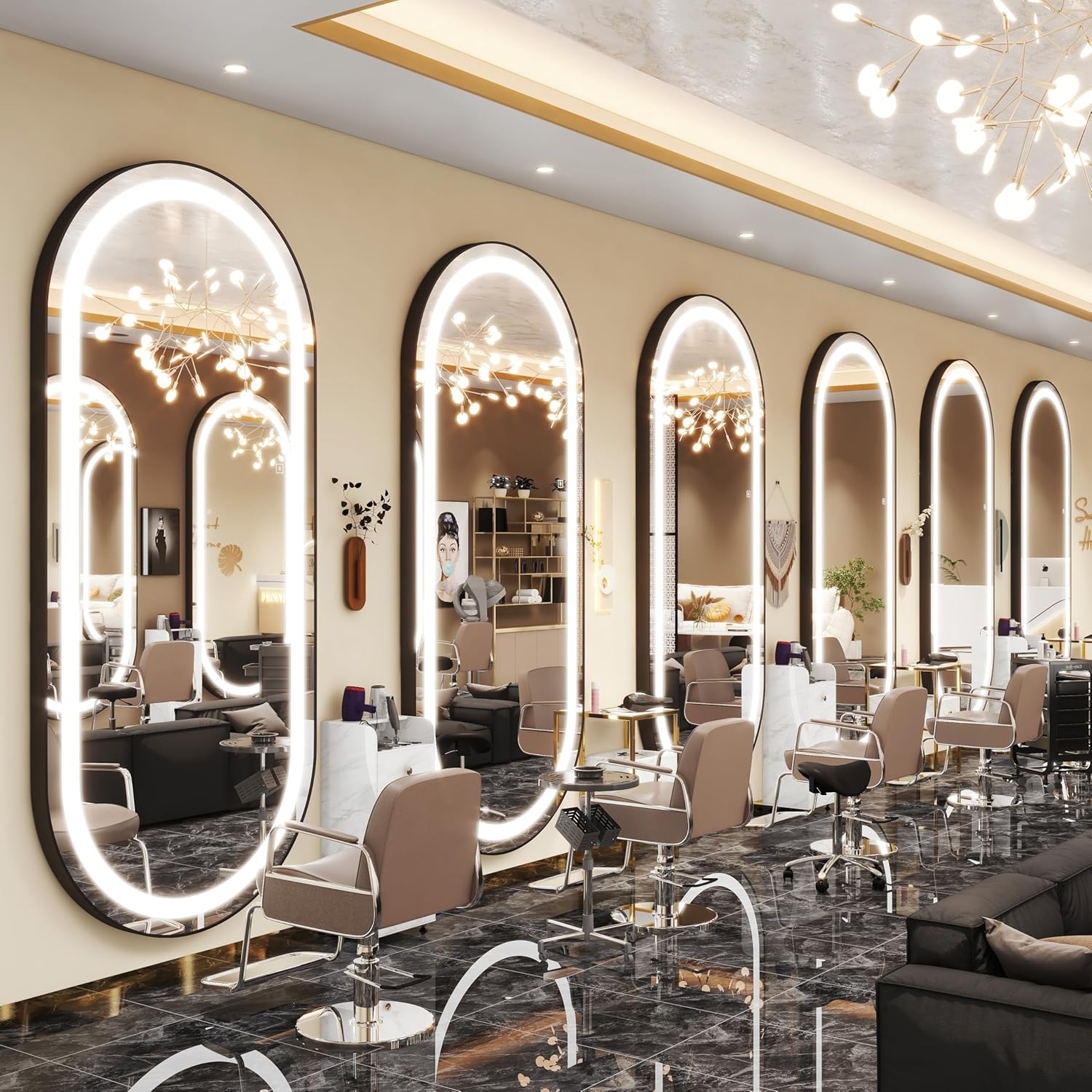 FENNIO 70" x 32" Large Luxury Wall Mounted Mirror with LED Lights - Oval Full Length Mirror, LED Lighted Full Body Dressing Mirror for Bedroom, Salon, Dimmable & 3-Color Lighting, Tempered Glass Black 70"L x 32"W