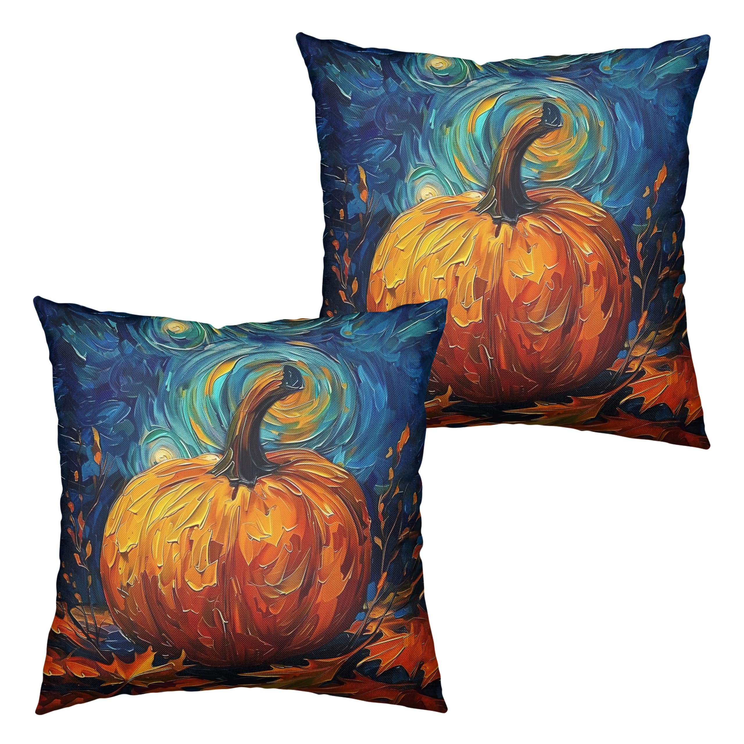 Kwlegh Fall Van Gogh Pillow Covers 20x20 Set of 2 Autumn Pumpkin Under Starry Night Throw Pillow Covers Oil Painting Pillowcase Cushion Case for Home