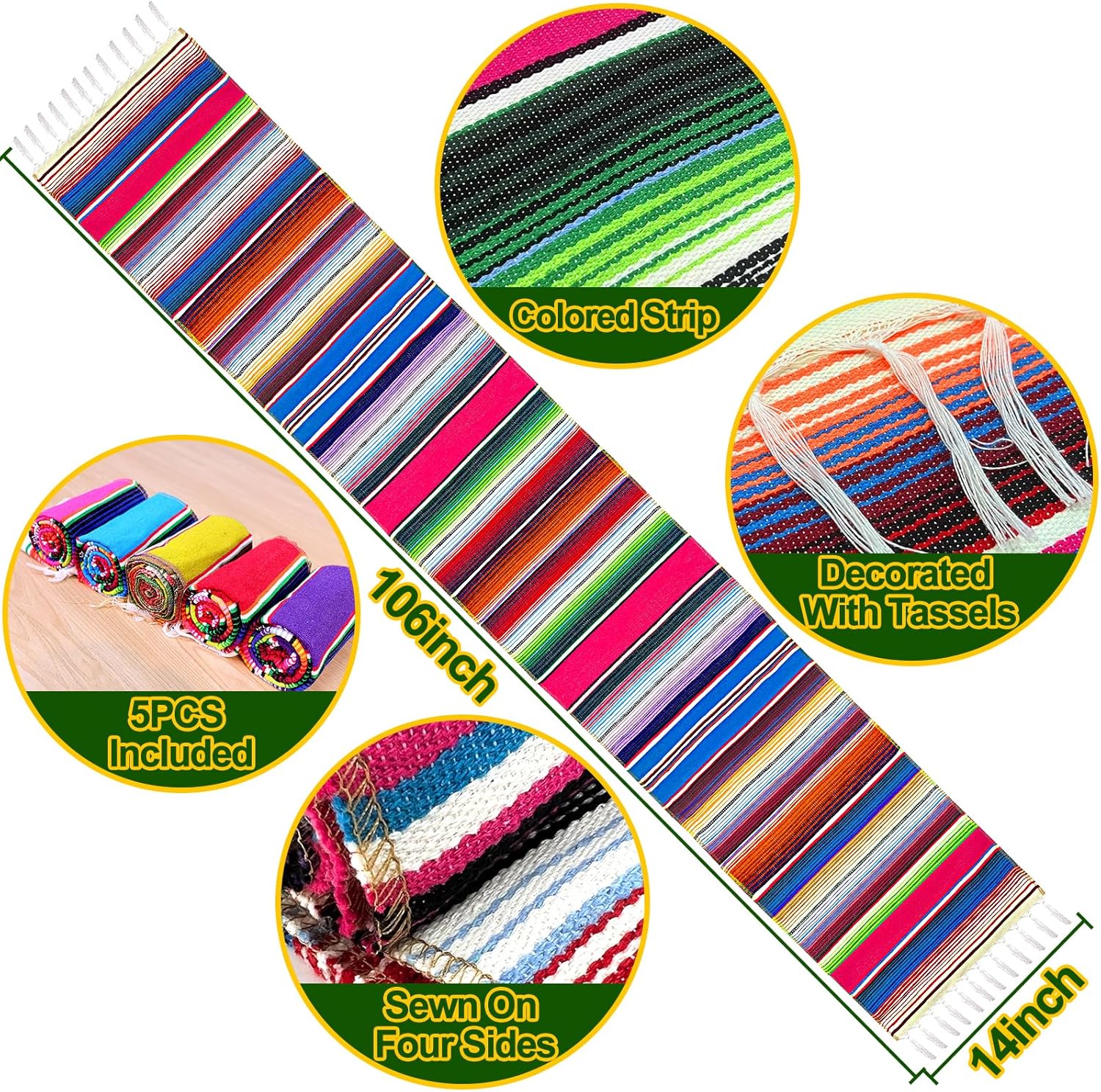 TURNMEON 5 Pack Mexican Table Runner 14 x 106 Inch Large Cinco de Mayo Decorations Serape Table Runners for Fiesta Party Decorations Mexican Theme Party Supplies Fun Taco Tuesday Birthday Carnivals