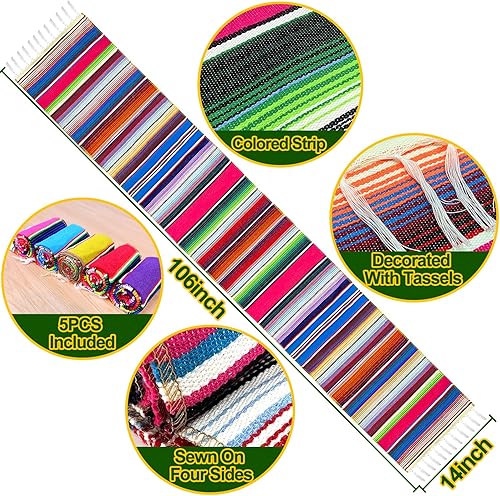 Miniatura 2 de TURNMEON Paquete de 5 caminos de mesa mexicanos de 14 x 106 pulgadas, decoraciones de fiesta mexicana, serape, decoraciones de fiesta temática