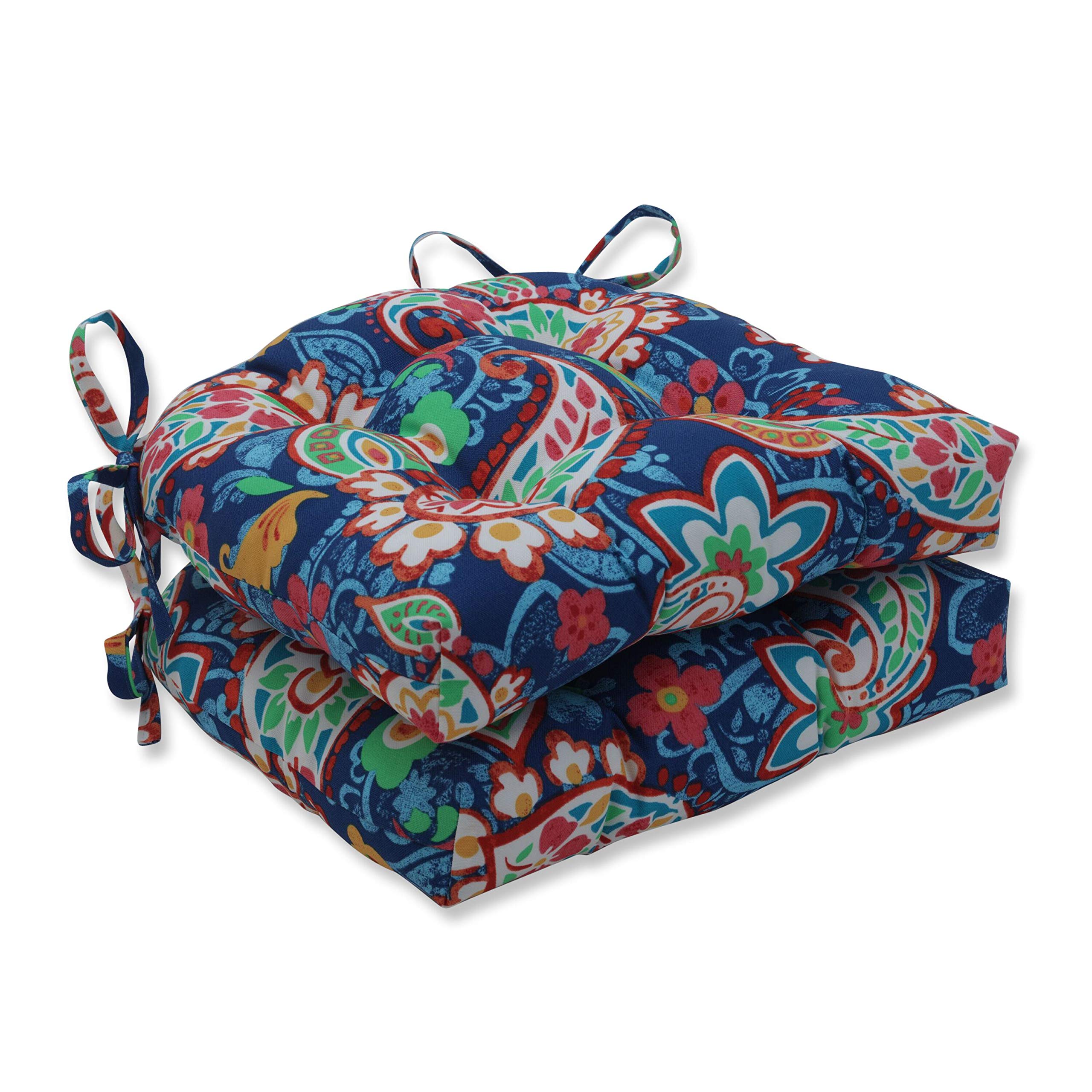 Pillow Perfect Paisley Party Blue Indoor/Outdoor Patio Reversible Chairpad with Ties, Weather and Fade Resistant, 15.5" x 16", Blue/Green, 2 Count