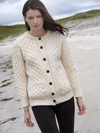 Aran Crafts Women's Cable Knit Soft Buttoned Lumber Jacket (100% Merino Wool)