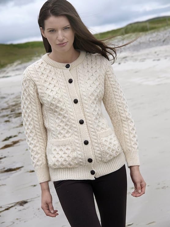 Aran Crafts Women's Cable Knit Soft Buttoned Lumber Jacket (100% Merino Wool)