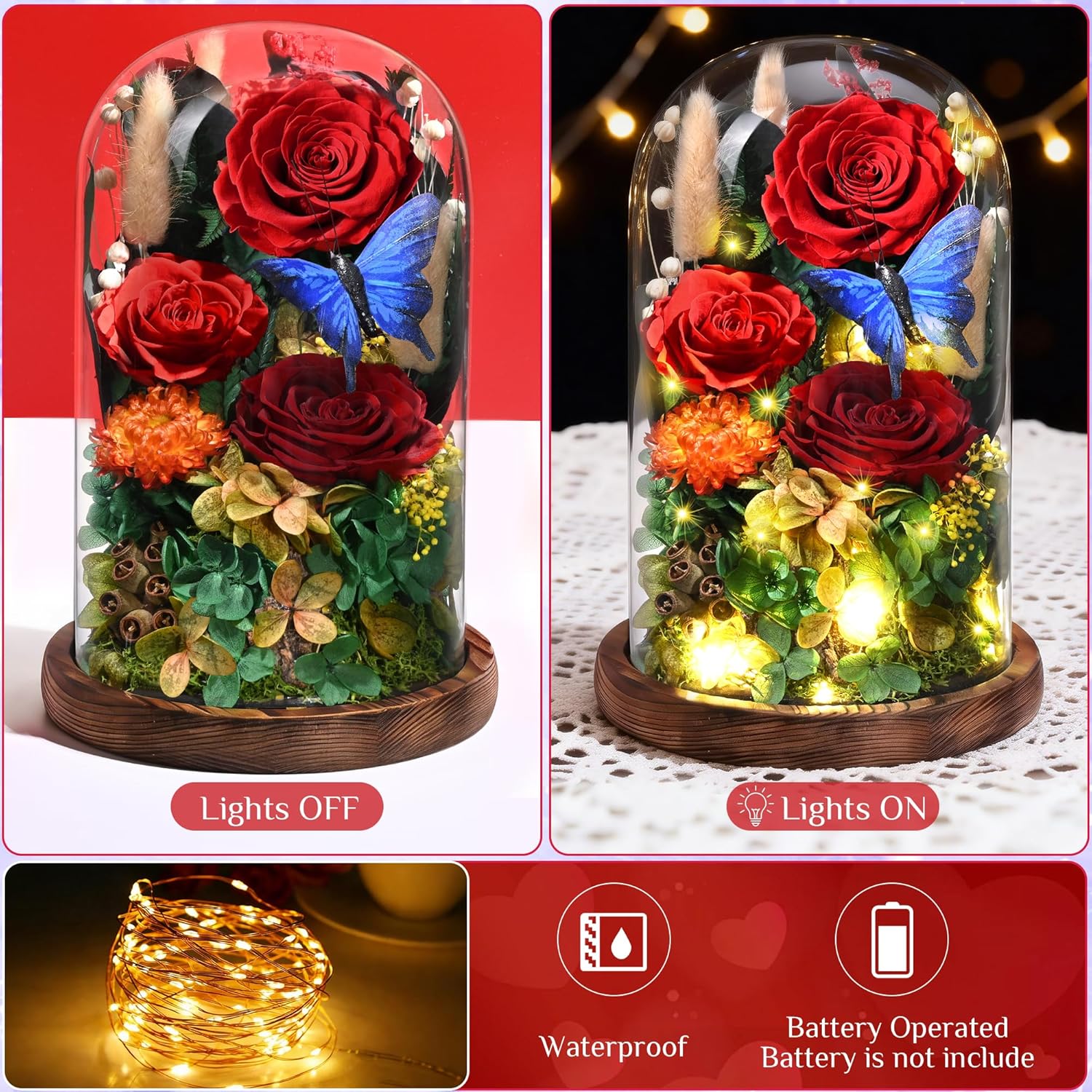 Forever Rose Flowers for Delivery, Red Preserved Roses Flowers in Glass Dome with Light Birthday Gifts for Women, Forever Flowers with Gift Box for Mom Her Women Wife Anniversary Mothers Day
