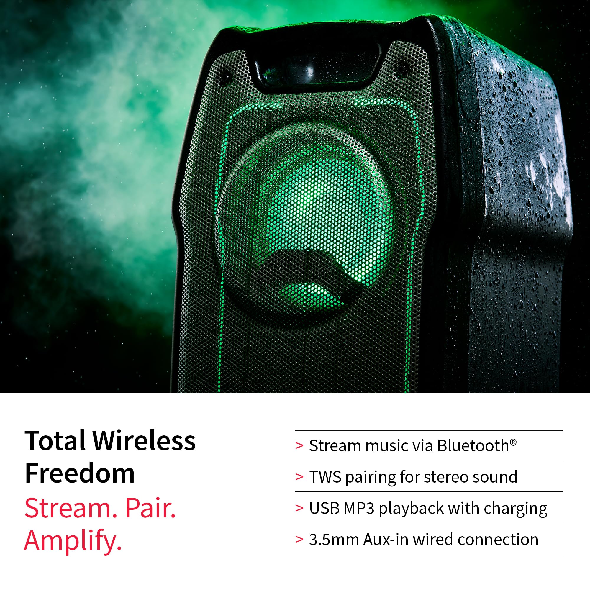 Sharp PS-931 Party Speaker, microfono, TWS, Bluetooth, 2xUSB, 2 porte da 6,3 mm per microfono e chitarra, luci multicolori, 180W P.maxima, batteria litio integrata con fino a 13 ore di riproduzione