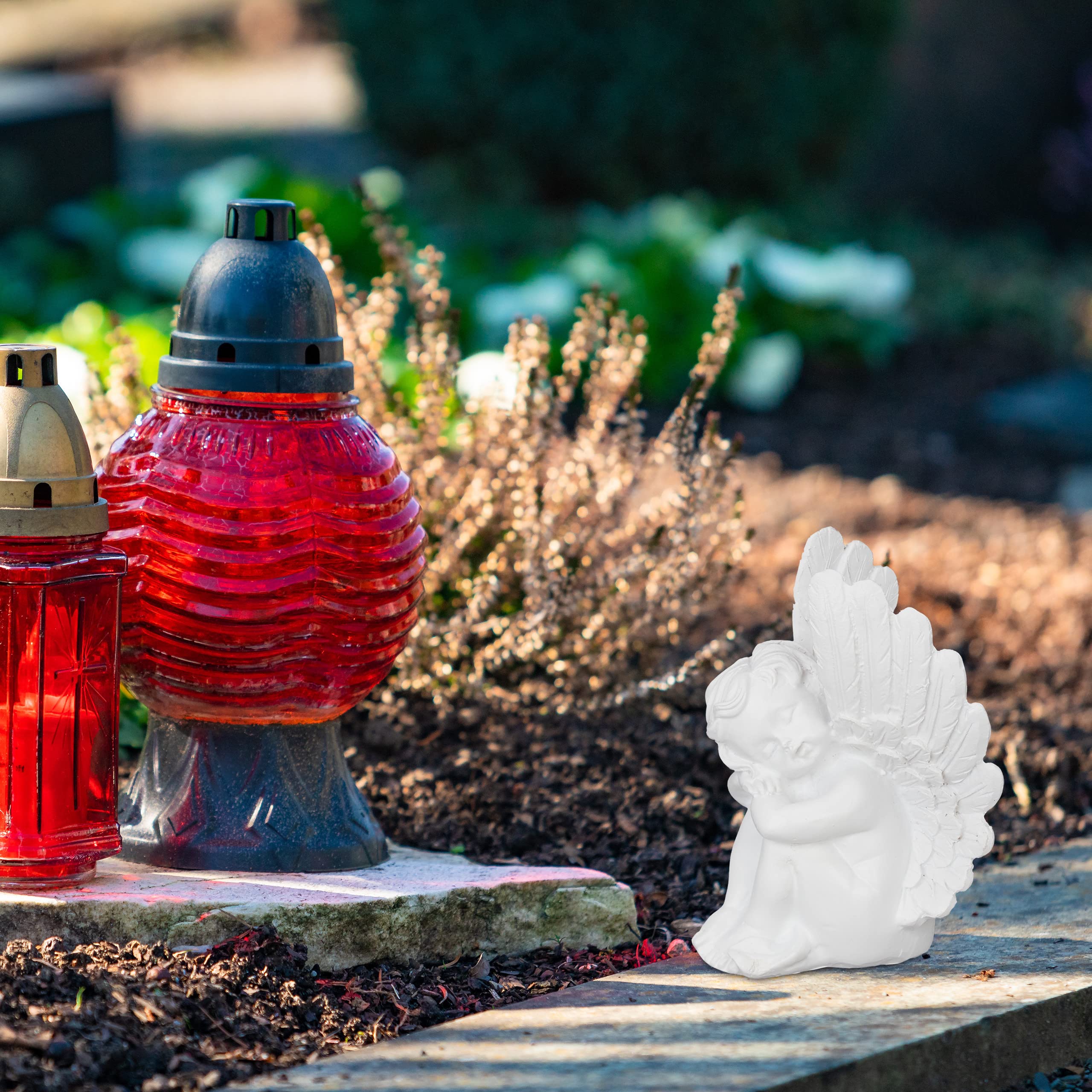 Relaxdays Set de 2 Ángeles para Tumbas, Figura Resistente Intemperie, Angelito de la Guarda, Piedra Artificial, Blanco
